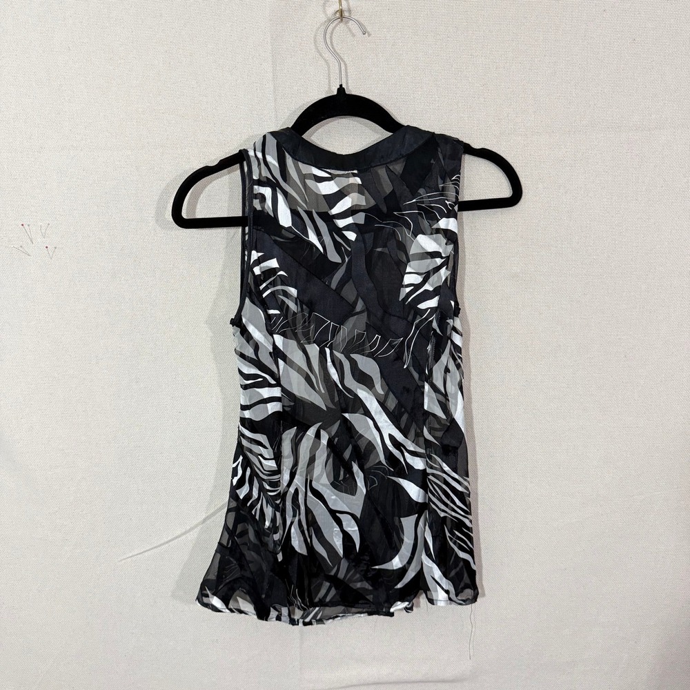 Papaya Womens Black White Zebra Print Sheer Mesh Sleeveless Bow Neck Top Blouse